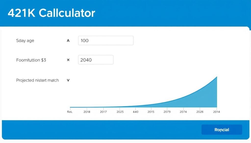 401K Calculator interface showing retirement savings projection graph