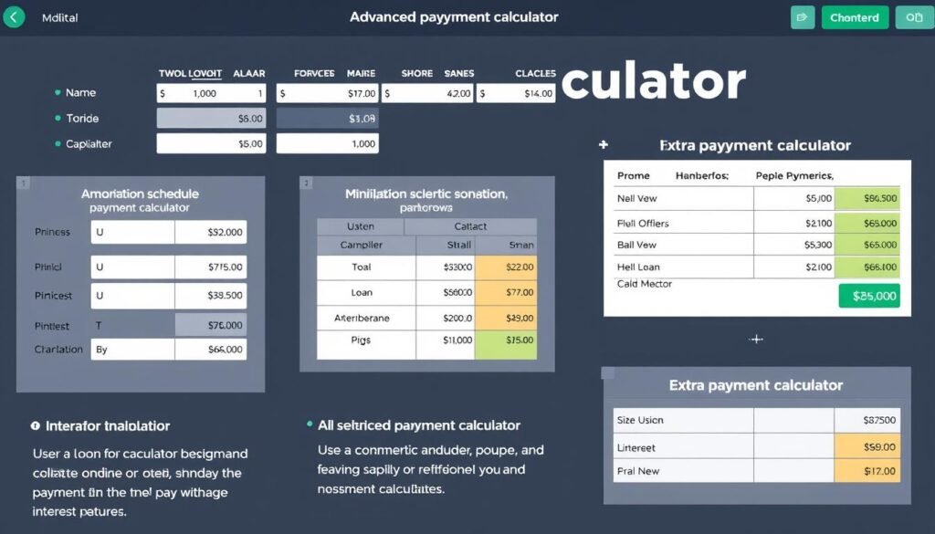 Advanced repayment calculator features showing amortization schedule and comparison tools
