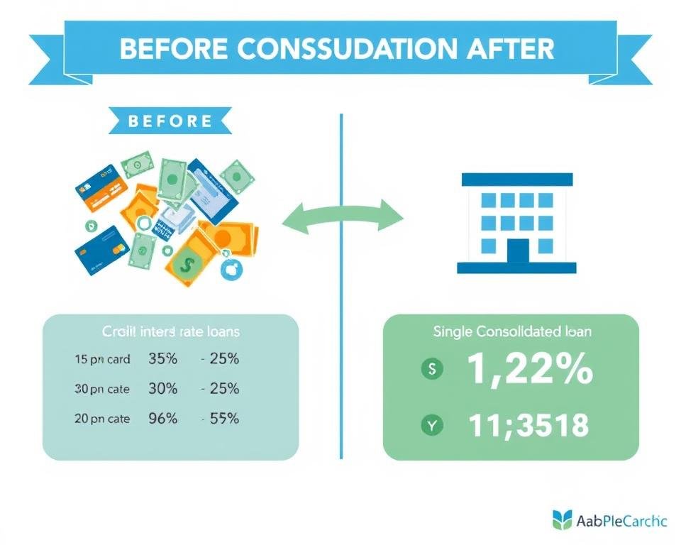 Before and after debt consolidation comparison showing multiple debts combined into one loan with lower interest rate