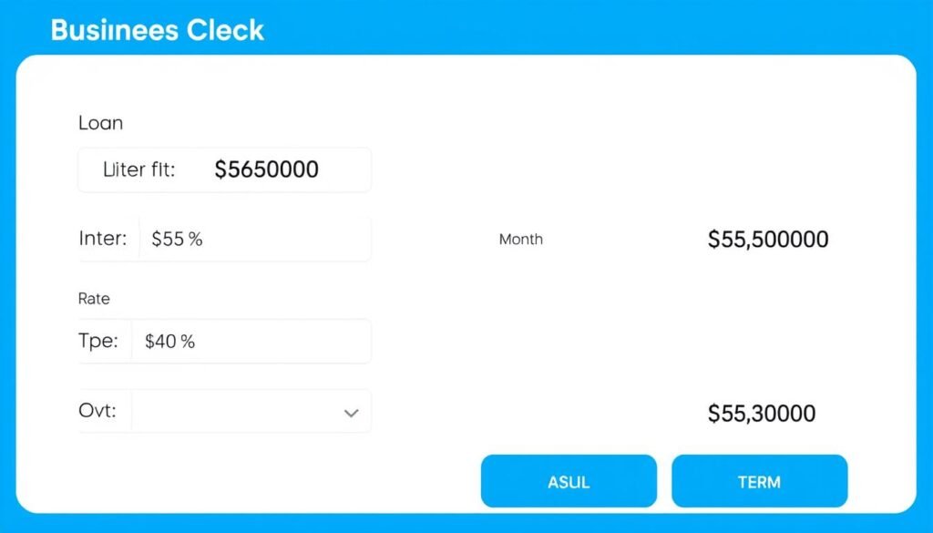 Business Loan Calculator interface showing input fields for loan amount interest rate and term