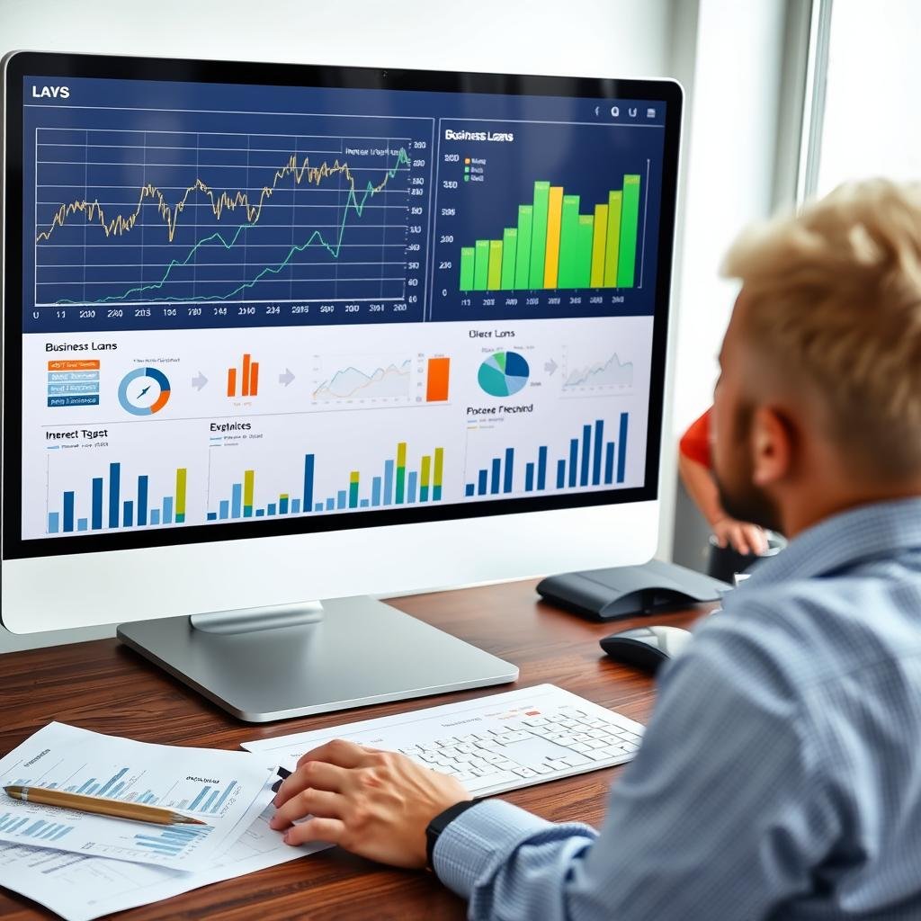 Business owner analyzing interest rates for business loan