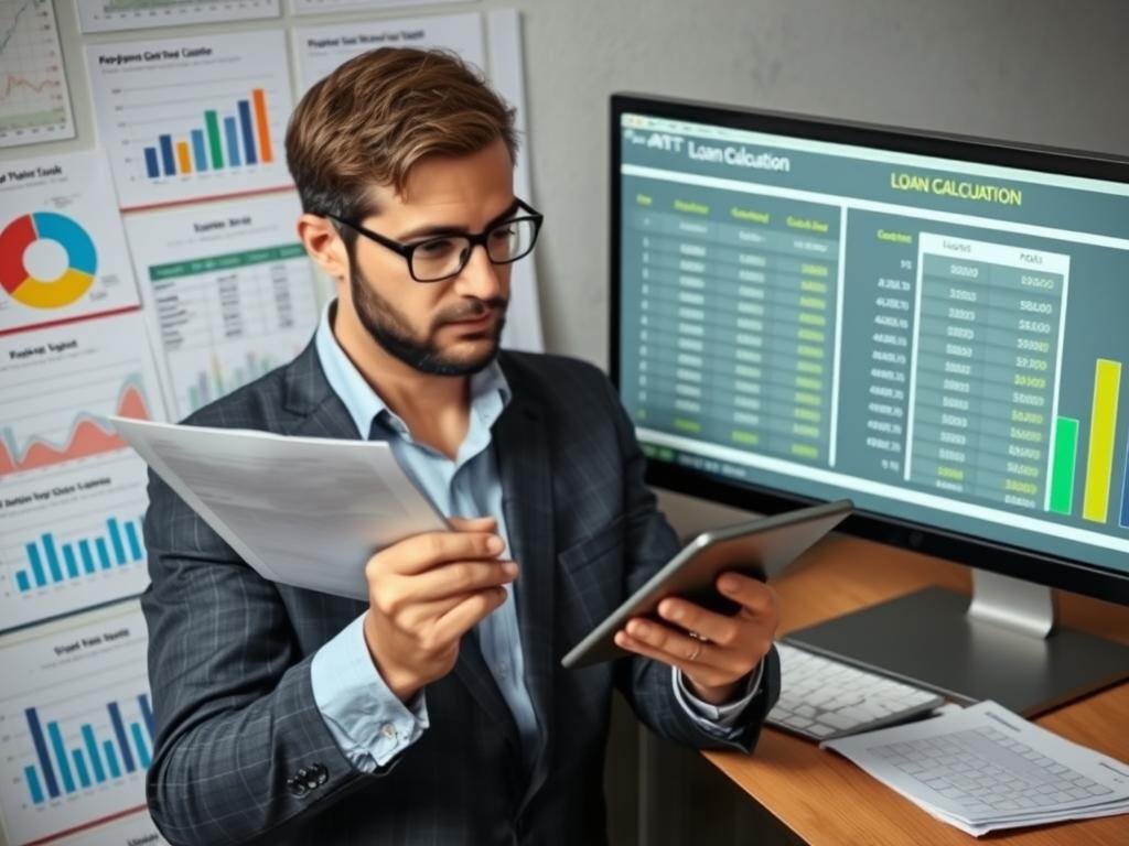 Business owner analyzing loan calculator results and financial statements