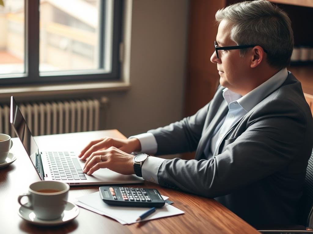 Business owner analyzing loan options on laptop with calculator nearby