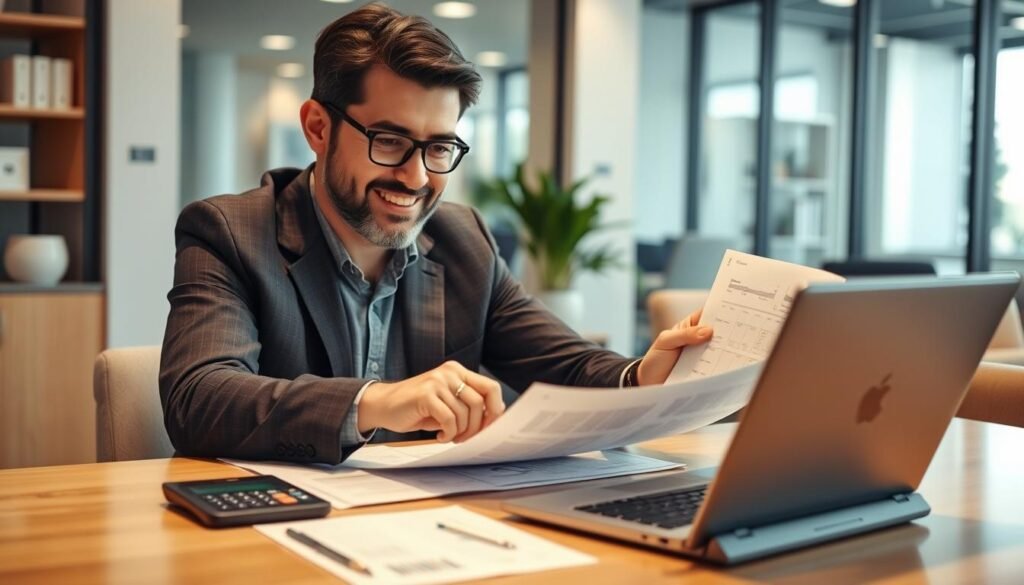Business owner confidently reviewing loan documents after using the calculator