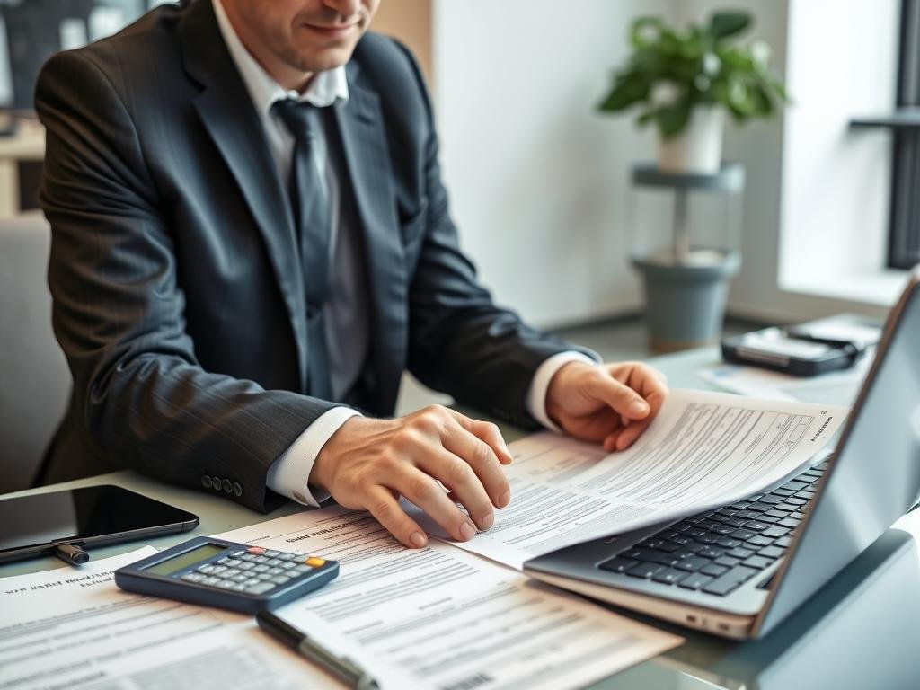 Business owner reviewing VAT documentation and calculations