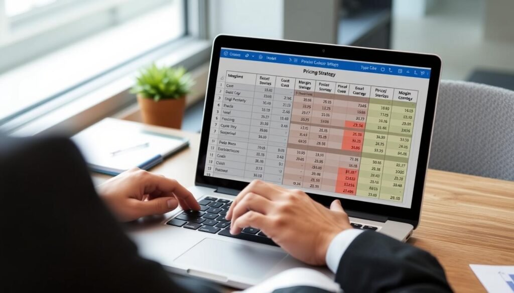 Business person analyzing pricing strategy with margin calculations on a laptop