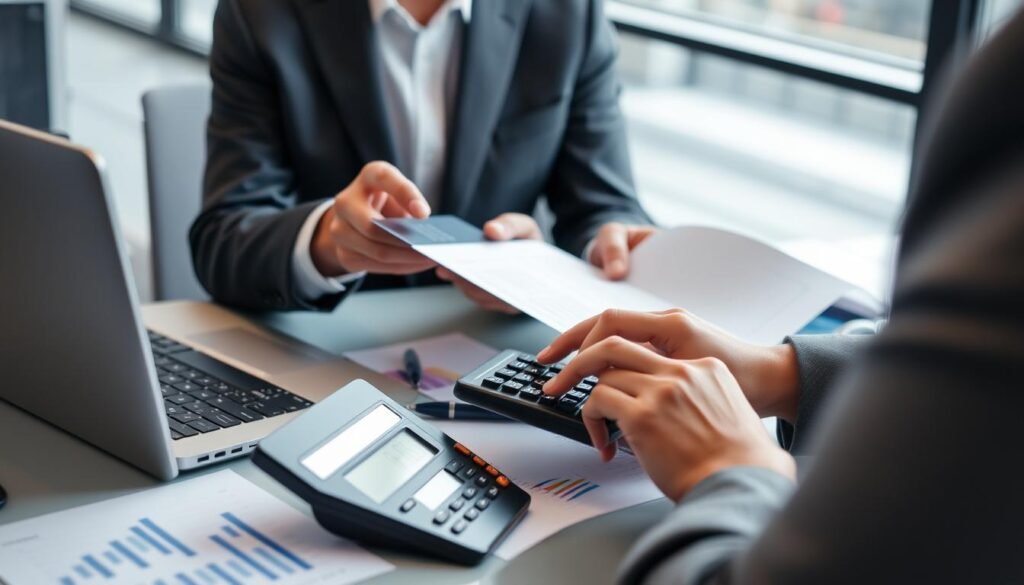 Business person using calculator and laptop for financial analysis