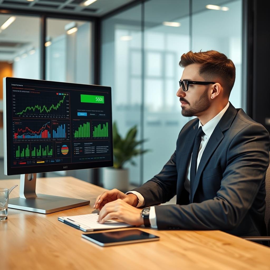 Business professional analyzing ROI metrics on computer screen