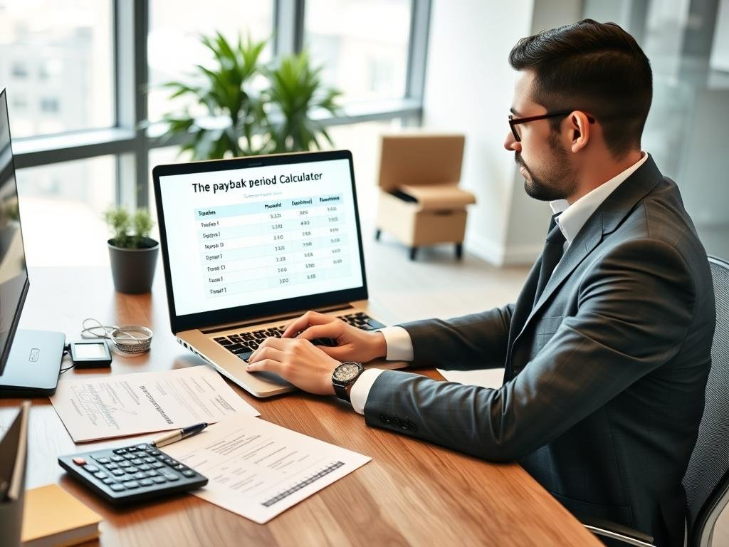 Business professional using the payback period calculator to evaluate an investment opportunity