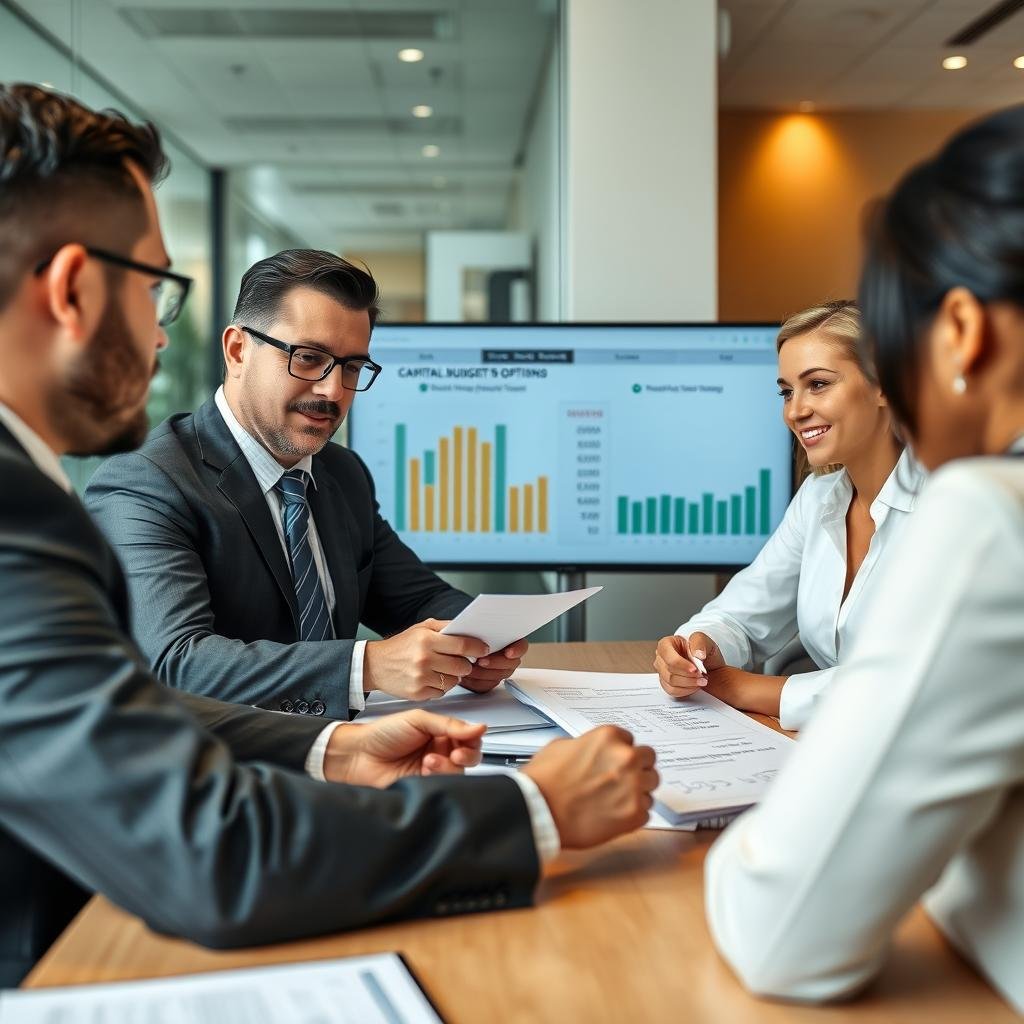 Business professionals analyzing capital budgeting options using IRR