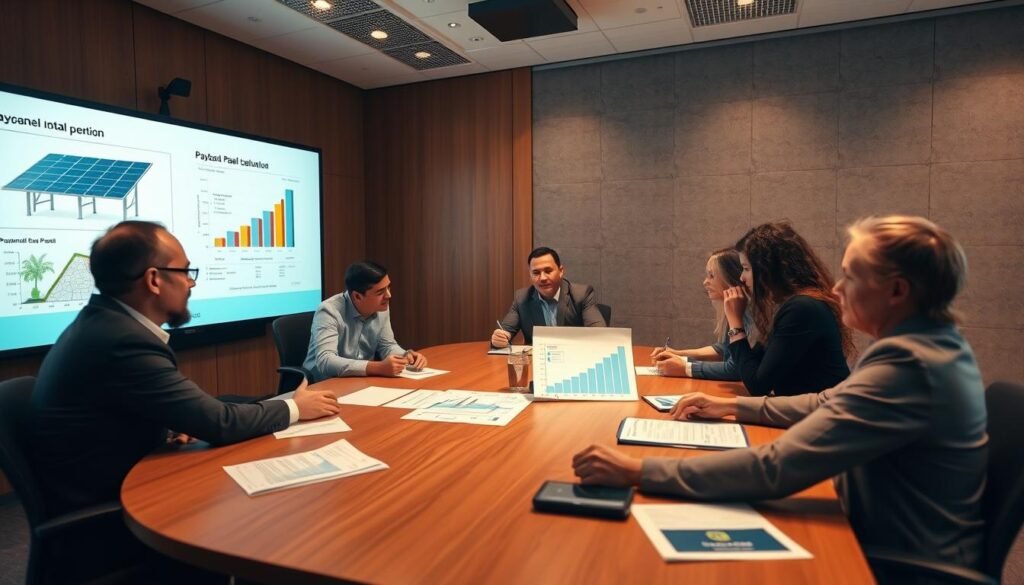 Business professionals using payback period analysis to evaluate solar panel installation for their company