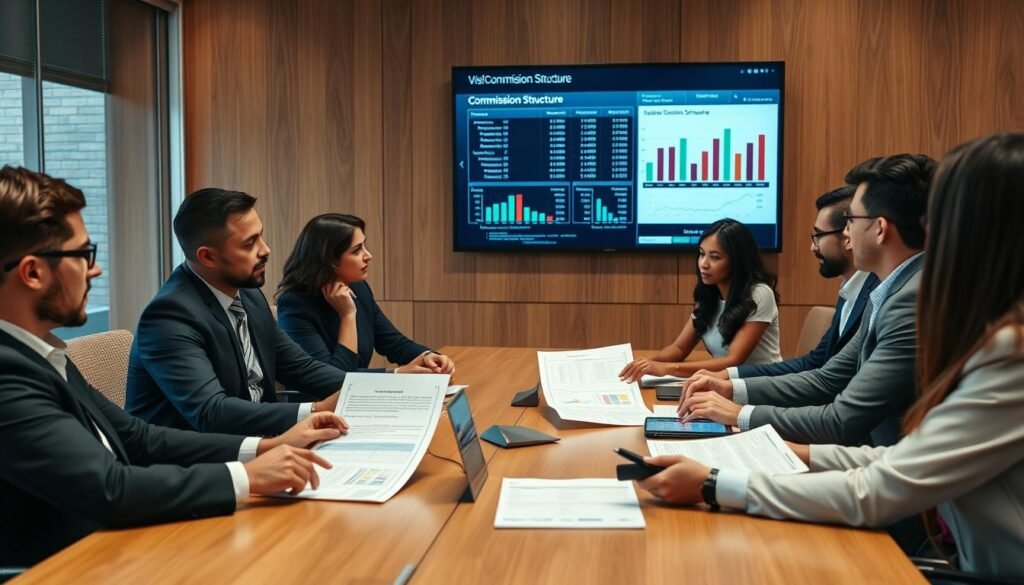 Business team reviewing commission structure and sales performance data CalculatorHunt Business team reviewing commission structure and sales performance data