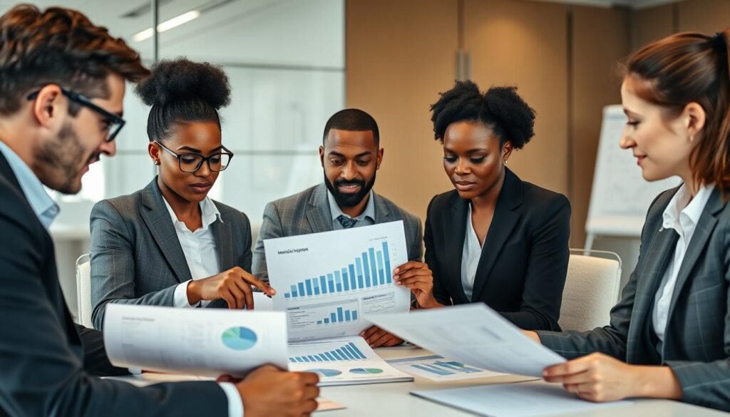 Business team reviewing margin reports in a meeting