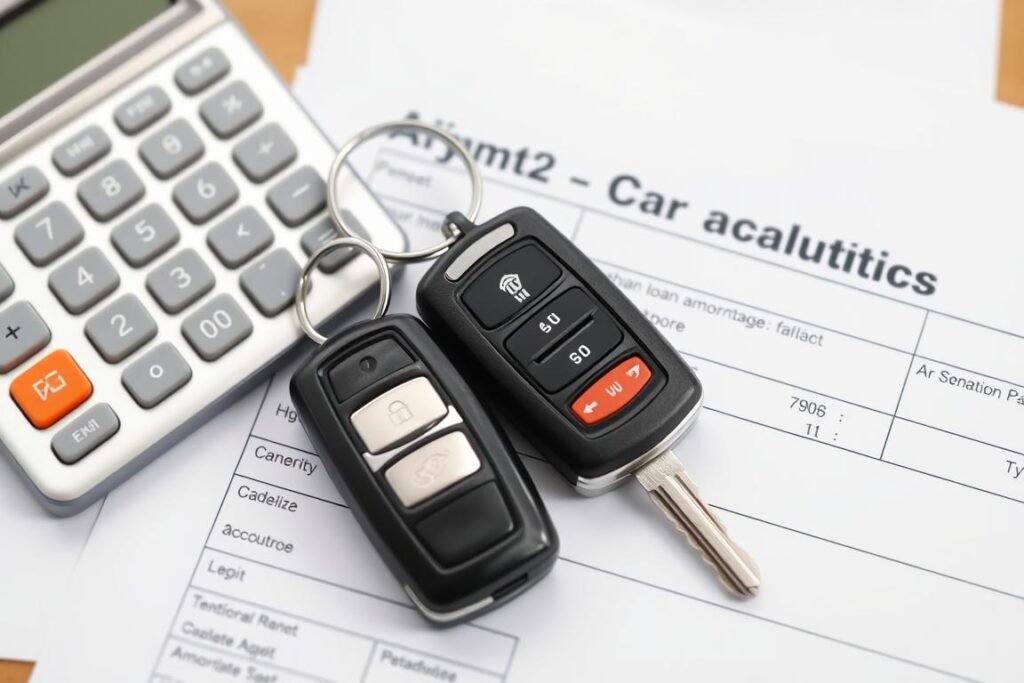 Car with auto loan paperwork and calculator