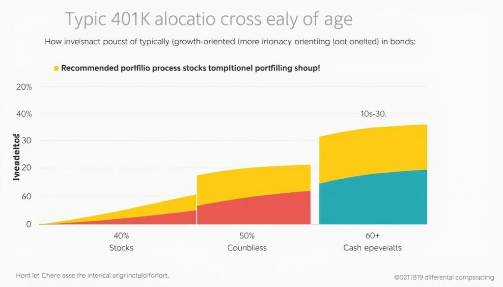 Chart showing typical asset allocation for 401K investments across different age groups