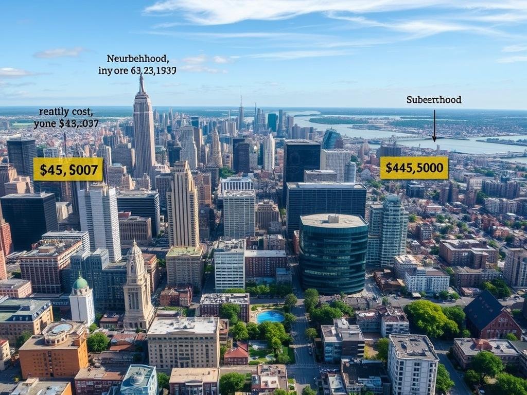 City skyline showing different rental neighborhoods with varying price points
