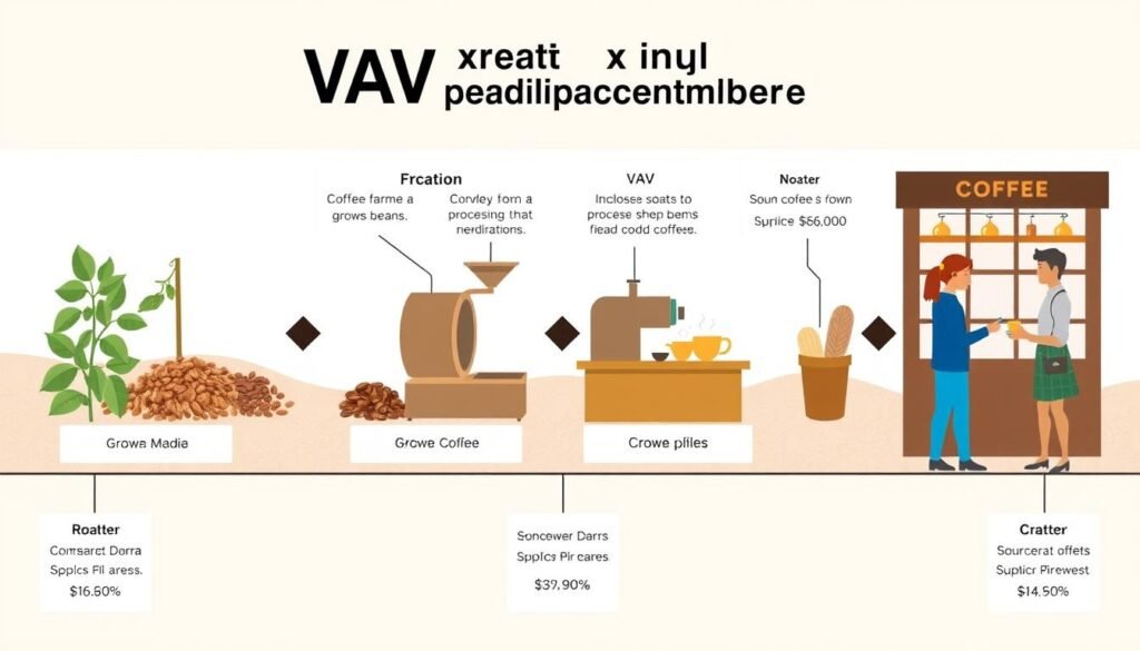 Coffee supply chain showing VAT application at each stage from farmer to consumer