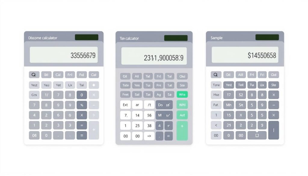 Collection of financial calculators showing discount percentage and tax calculation tools