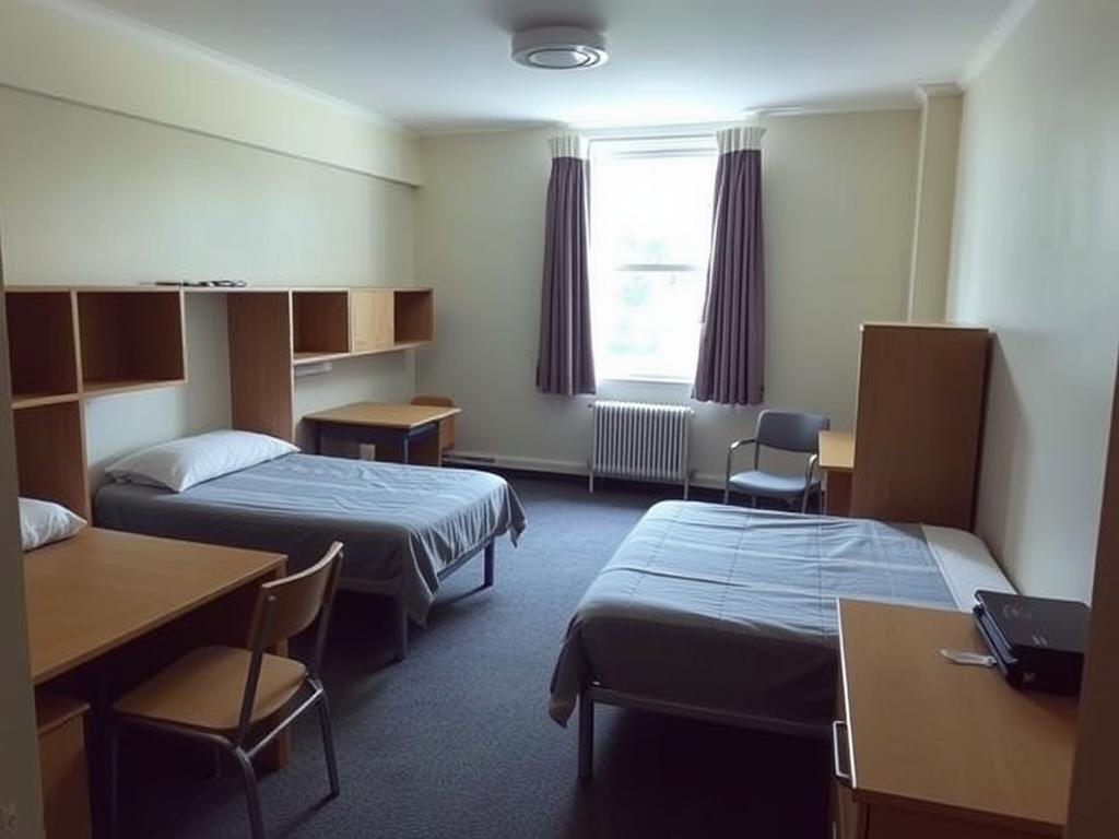 College dormitory room with beds, desks, and basic furnishings