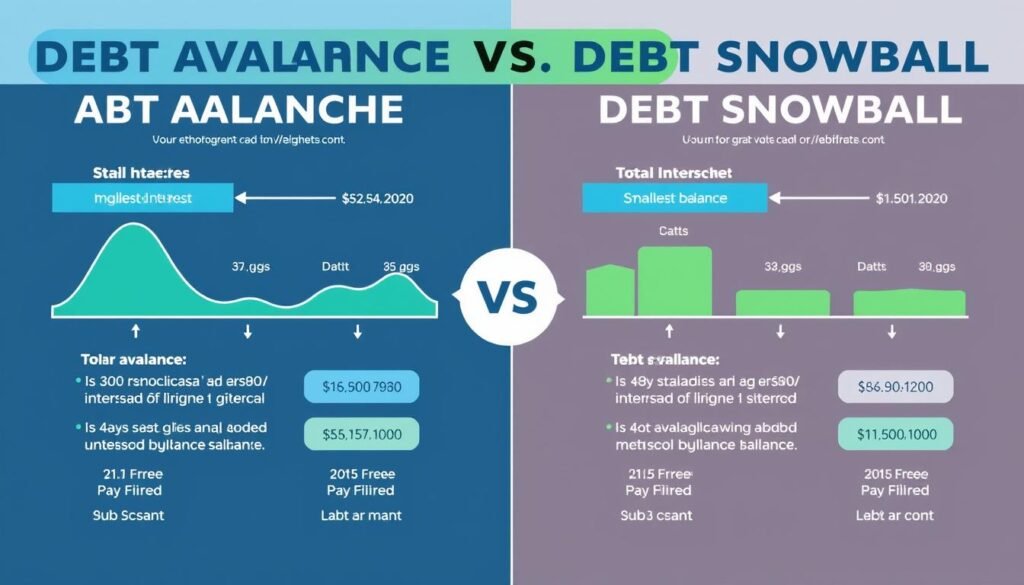 Comparison chart showing debt avalanche vs debt snowball method payoff timelines