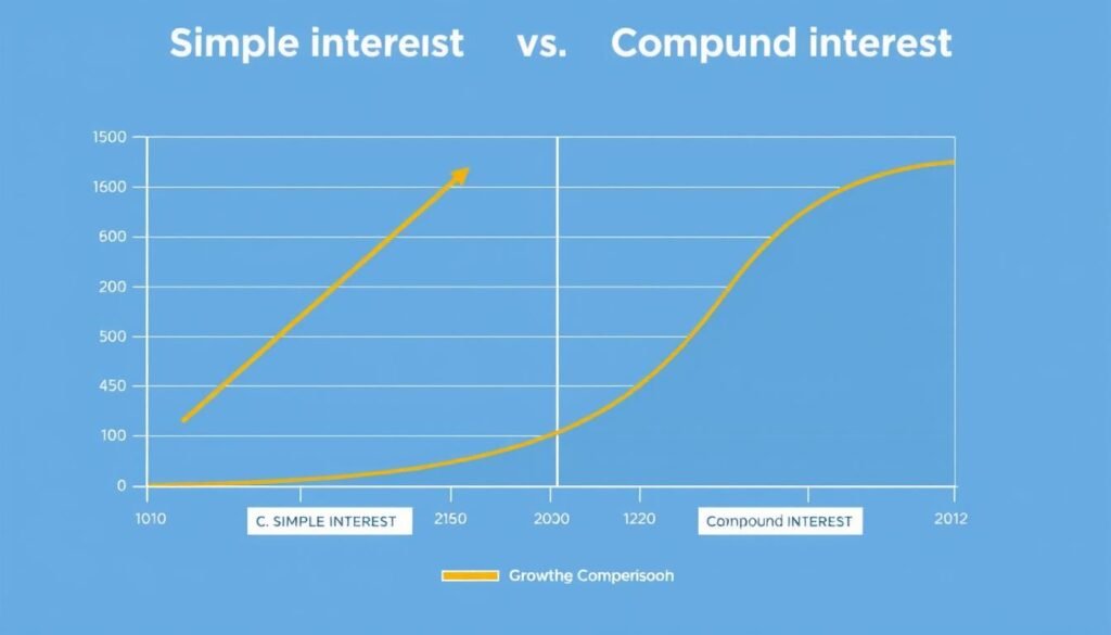 Comparison chart showing the growth difference between simple and compound interest over time