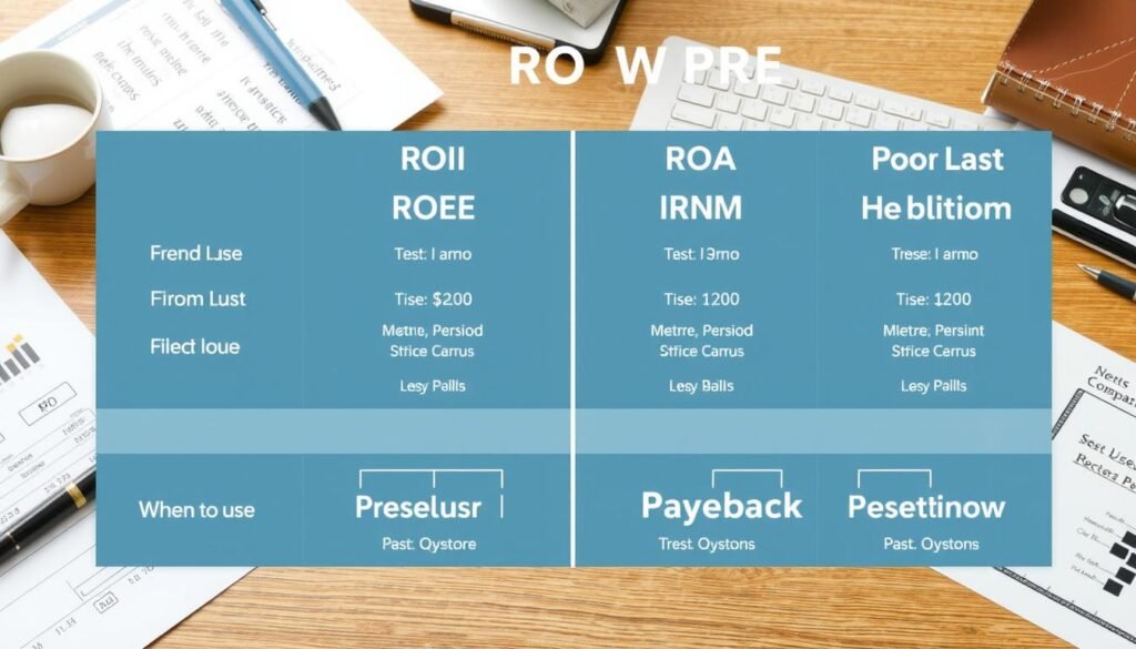 Comparison of ROI with other financial metrics showing when to use each