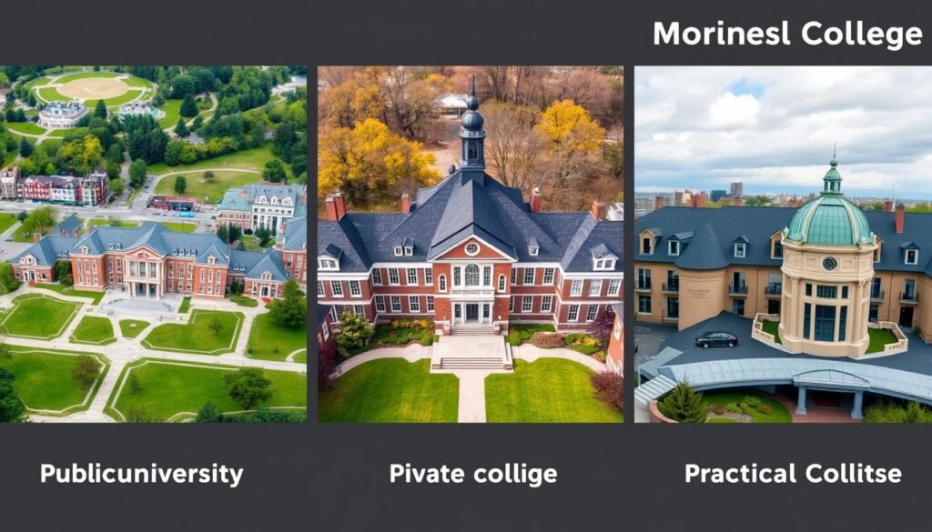 Comparison of different college campus types showing public university, private college, and community college