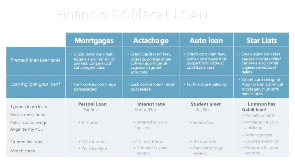 Comparison of different loan types showing interest rates and typical uses
