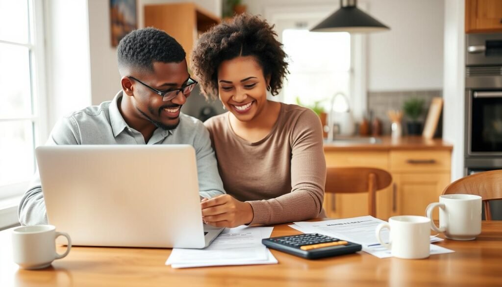 Couple reviewing tax documents and using the Marriage Tax Calculator on a laptop