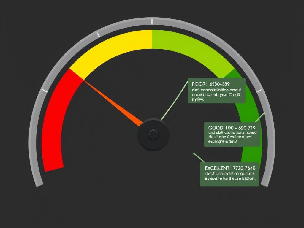 Credit score meter showing different ranges and their impact on debt consolidation options