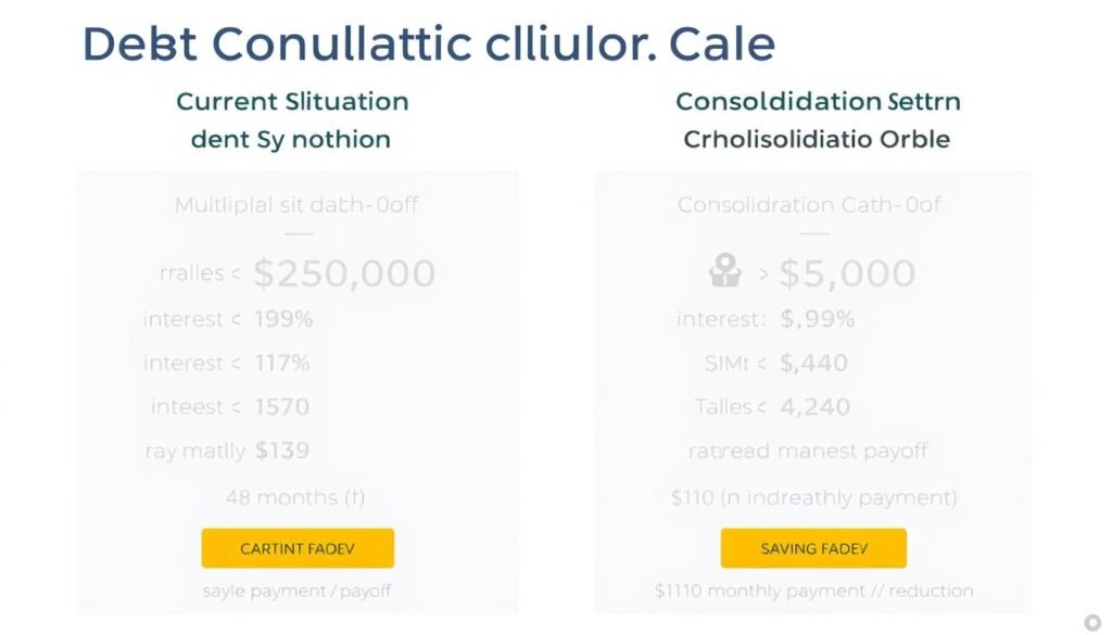Debt consolidation calculator results showing comparison between current debt situation and consolidated option with savings highlighted
