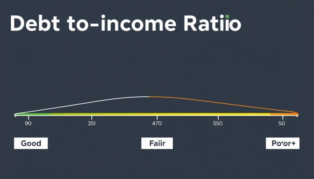 Debt to Income Ratio scale showing good fair and poor DTI ranges with color indicators