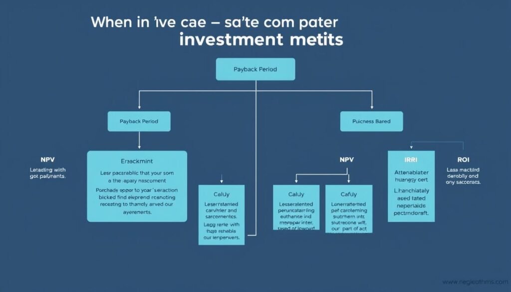 Decision tree showing when to use different investment metrics including payback period