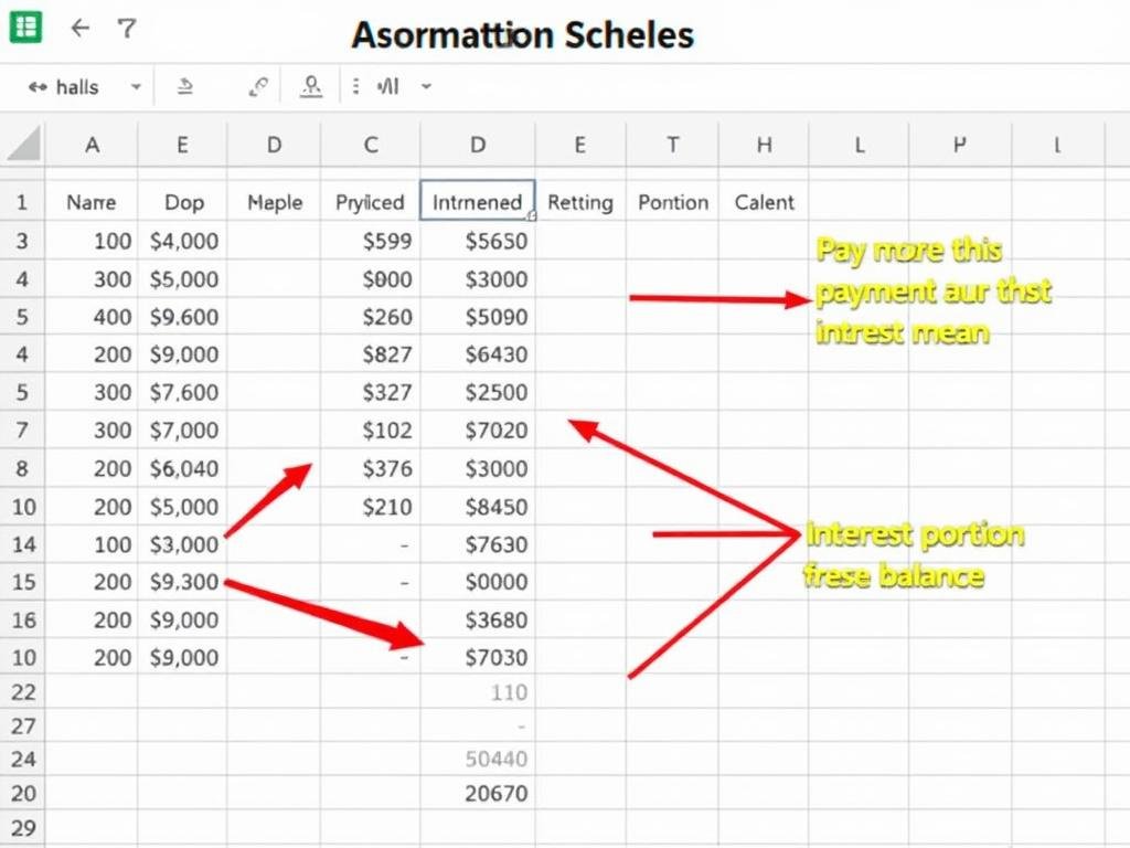 Detailed amortization schedule with annotations explaining each column