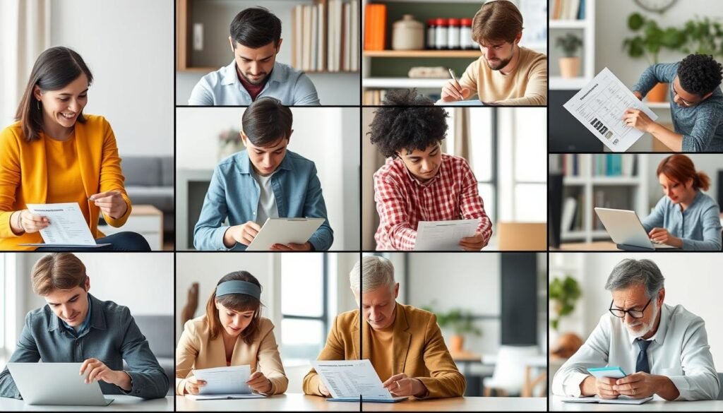 Different people calculating rent budgets for various income levels