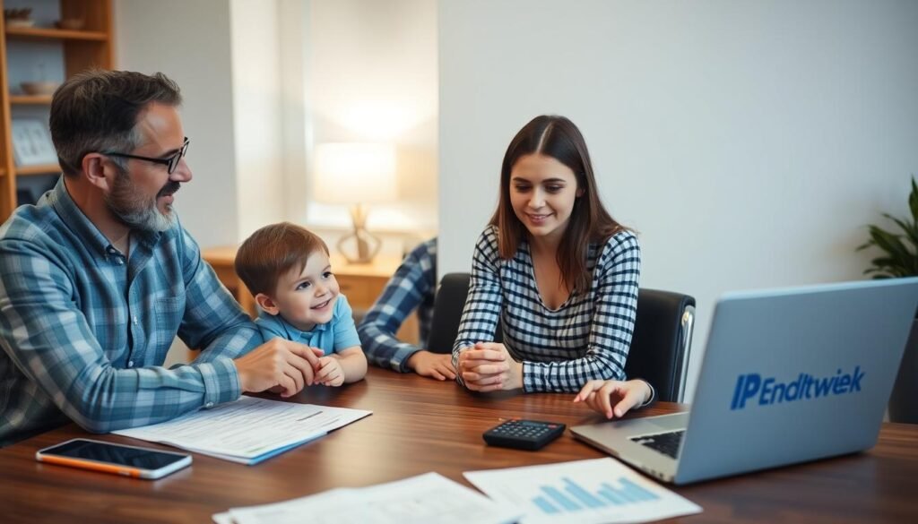 Family discussing college savings plans with a financial advisor
