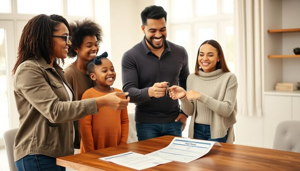 Family receiving keys to new home after using down payment assistance program