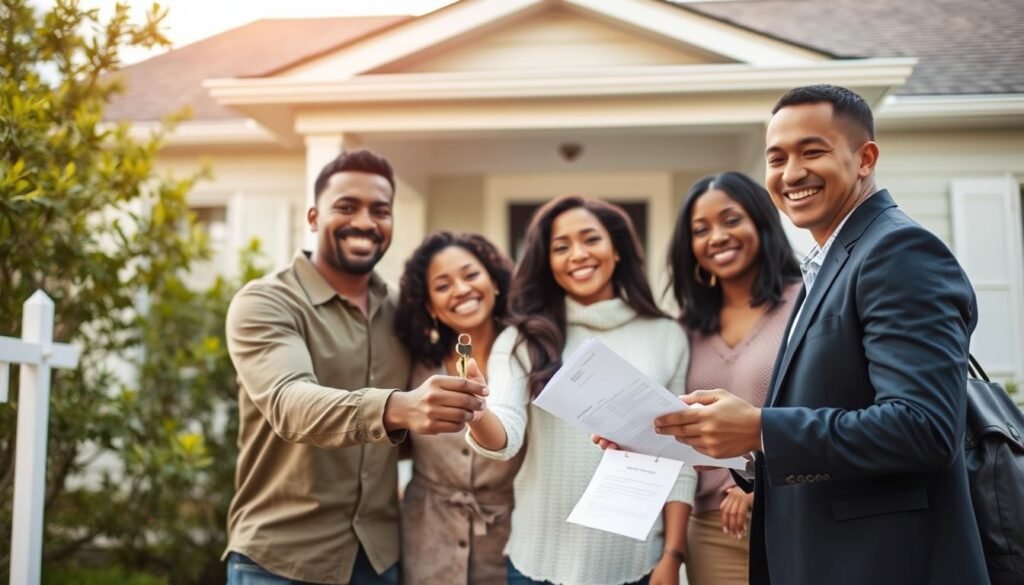 Family receiving keys to new home purchased with FHA loan