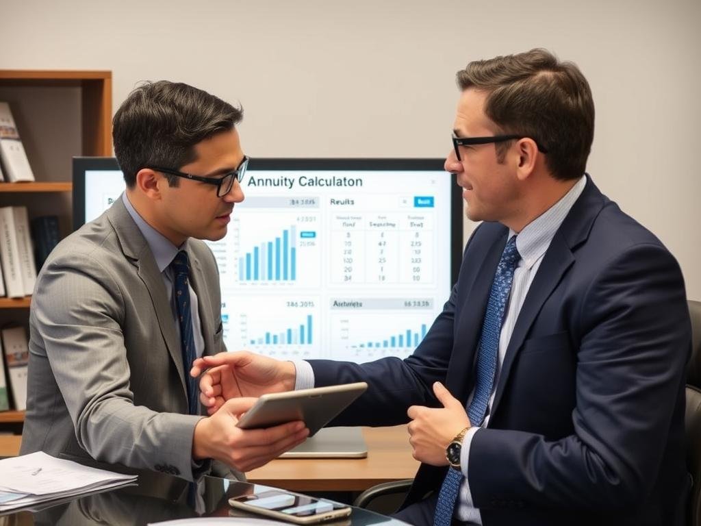 Financial advisor explaining annuity calculator results to a client