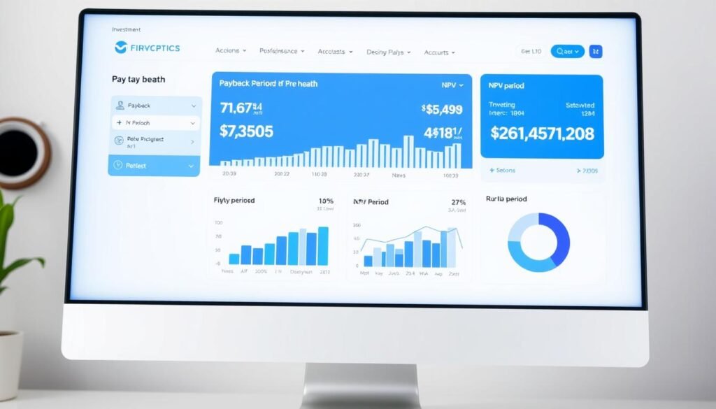 Financial dashboard showing multiple investment metrics including payback period, NPV, and IRR