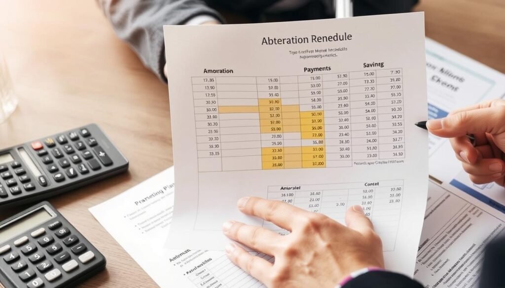 Financial planning with amortization schedule showing savings