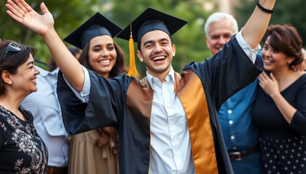 Graduate in cap and gown celebrating with family, representing successful college planning