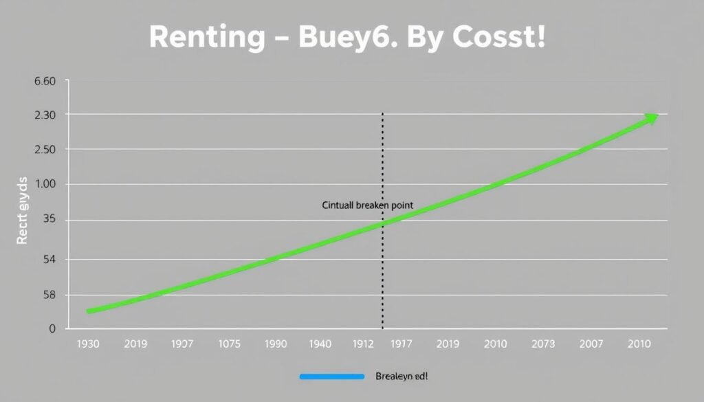 Graph showing comparison between costs of renting vs buying over time with breakeven point highlighted
