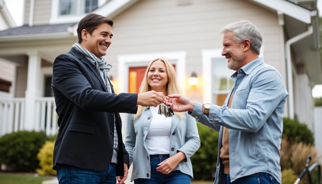 Happy couple receiving keys to their new home after successful mortgage planning CalculatorHunt Happy couple receiving keys to their new home after successful mortgage planning