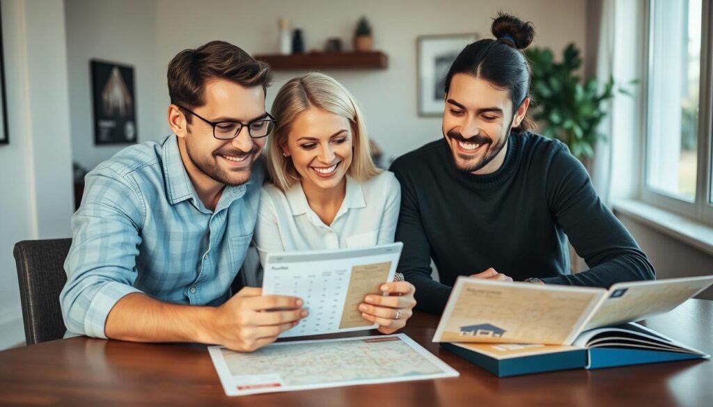 Happy couple using house affordability calculator results to make informed home buying decisions