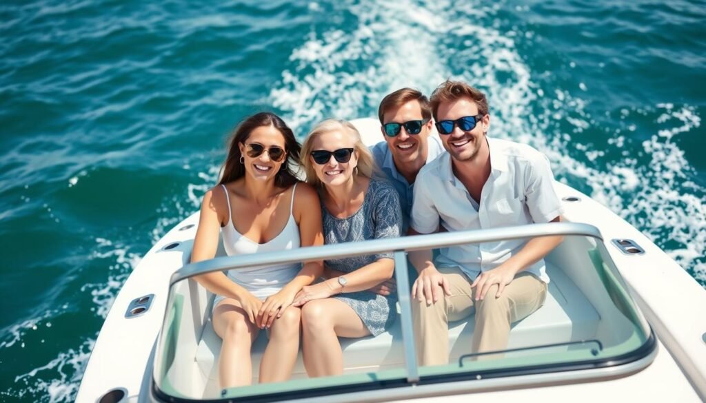 Happy family enjoying time on their newly purchased boat on a sunny day