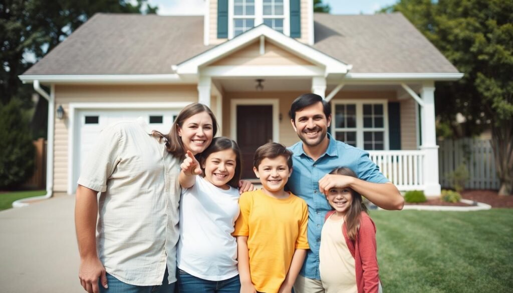 Happy family in front of new home purchased with FHA loan
