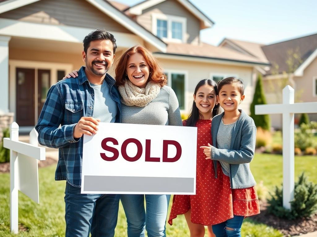 Happy family standing in front of their newly purchased home with a sold sign