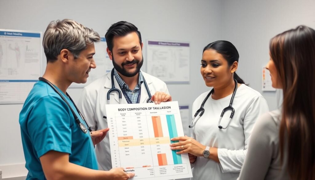 Healthcare professional discussing various body composition measurements with a patient CalculatorHunt Healthcare professional discussing various body composition measurements with a patient