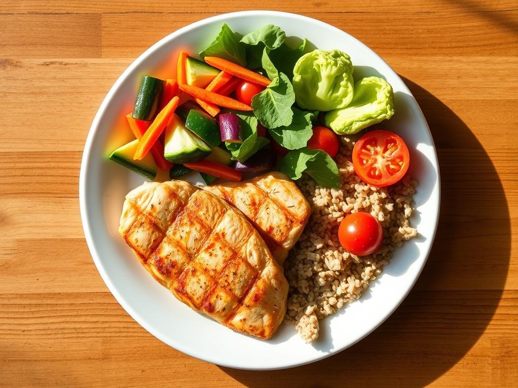 Healthy meal with balanced portions of vegetables lean protein and whole grains CalculatorHunt Healthy meal with balanced portions of vegetables lean protein and whole grains